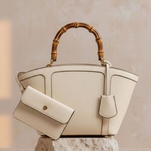 NWT Anne Klein Structured Beige Bag with Bamboo Handle